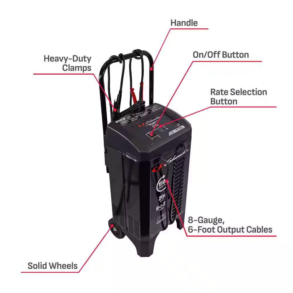 Wheeled Automatic 150A Car Battery Charger and Engine Starter, 20A Boost, 12V for Power Sport, Auto, Marine Batteries